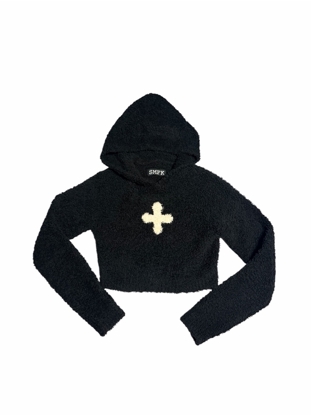 SMFK Black Cropped Fuzzy Hoodie with Cream Cross